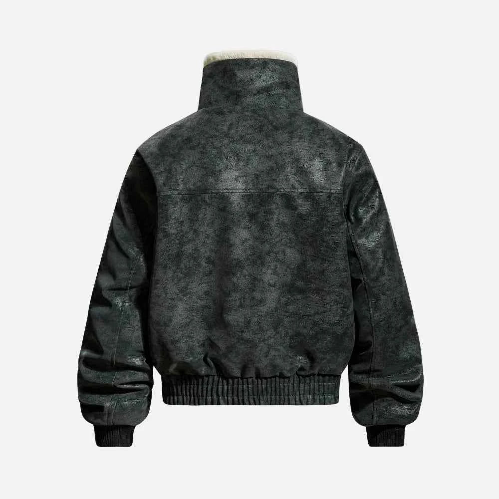 Retro Spliced Turn Down Collar Fur Leather Jacket
