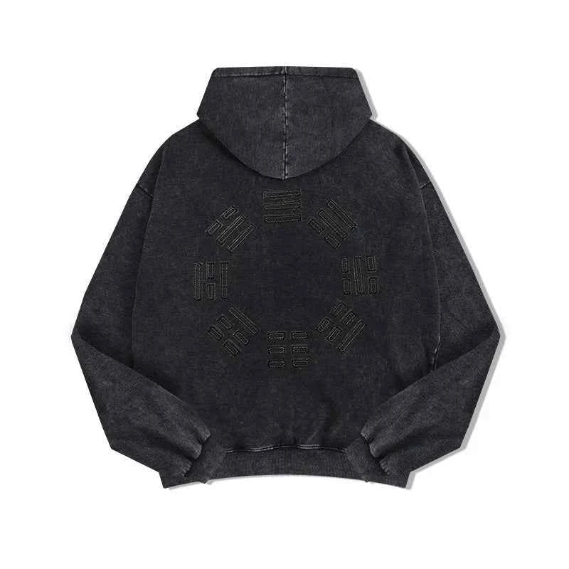 Washed Streetwear Embroidered Zip-Up Hooded Sweatshirt
