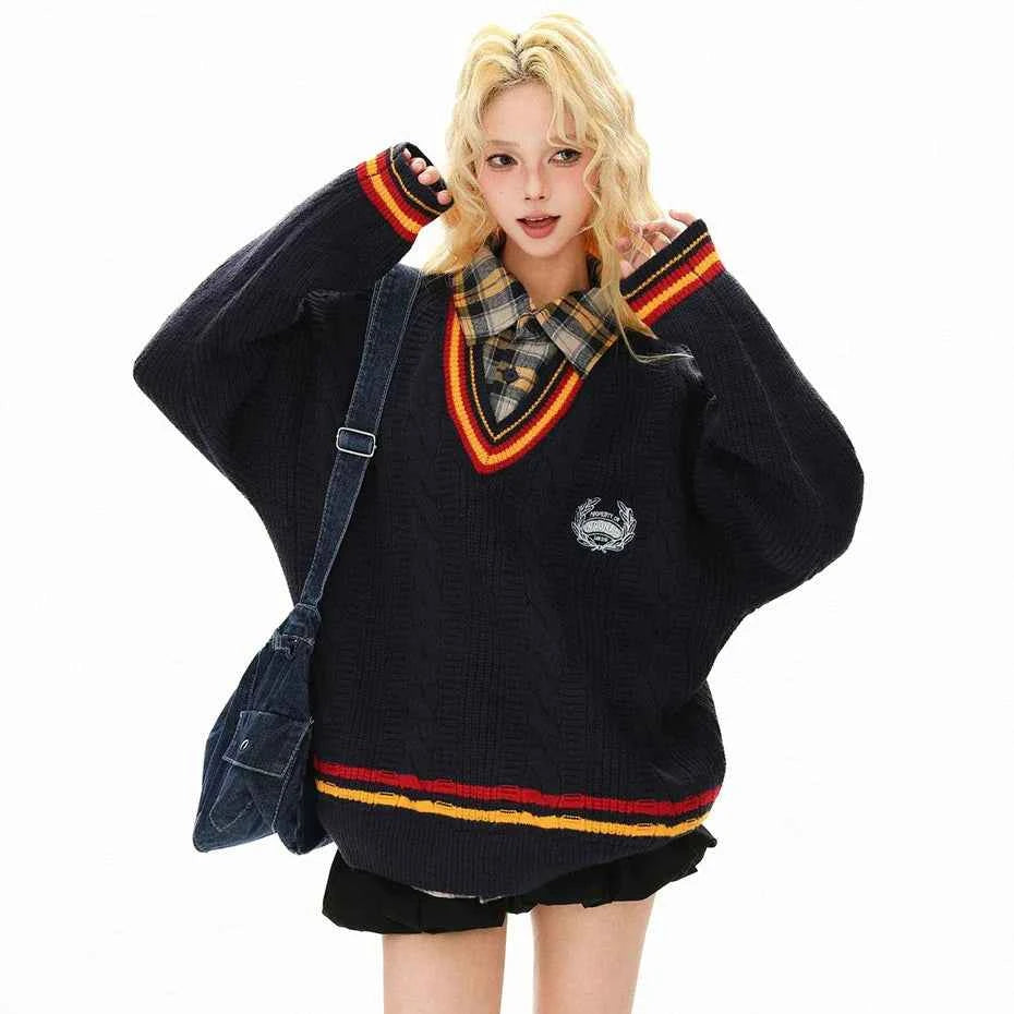 Oversized Varsity Patchwork Double Layers Knit Sweater