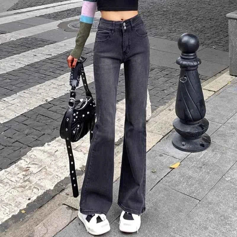 Durable Streetwear High Waist Elastic Flare Jeans
