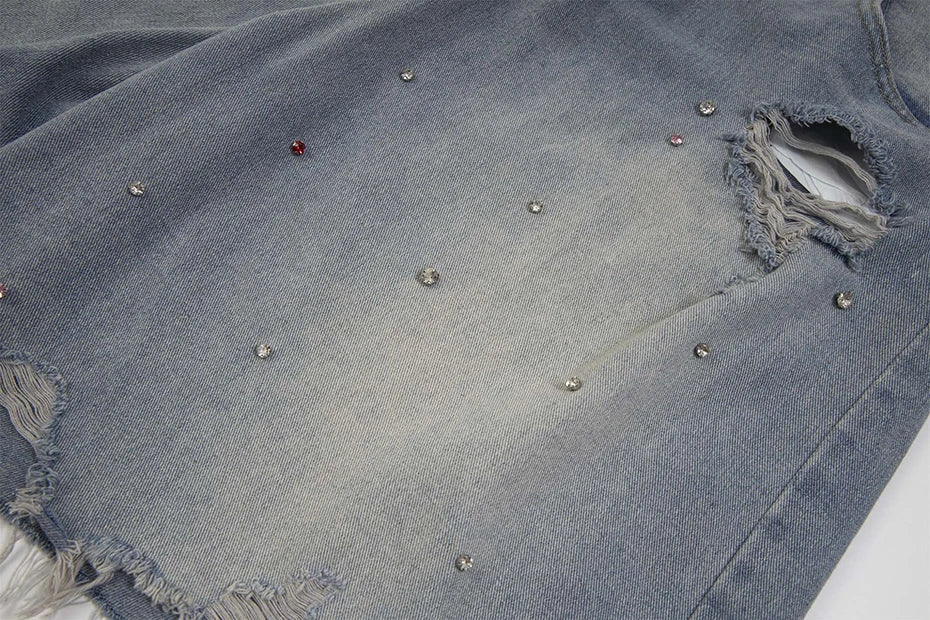 Rhinestone Denim Ripped Shorts