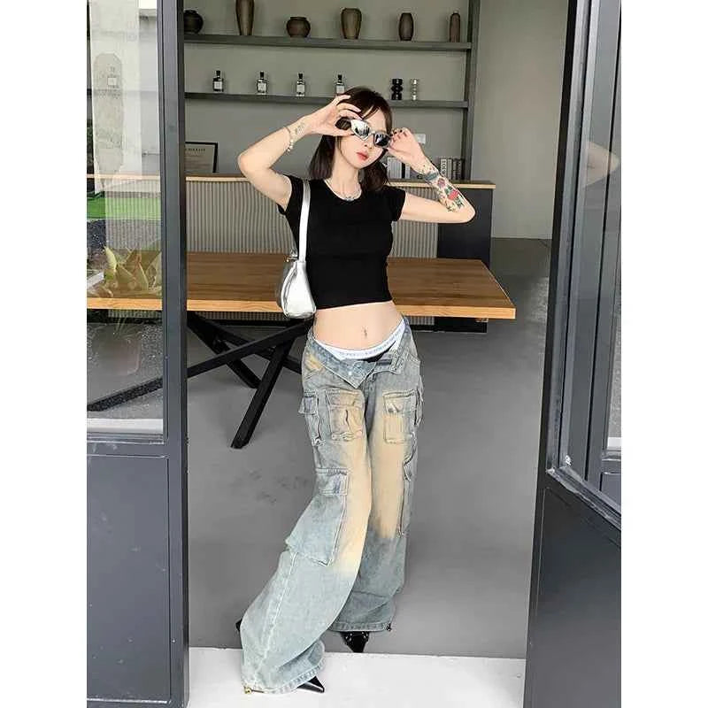 Women Cute Trendy High Waist Wide Leg Blue Jeans