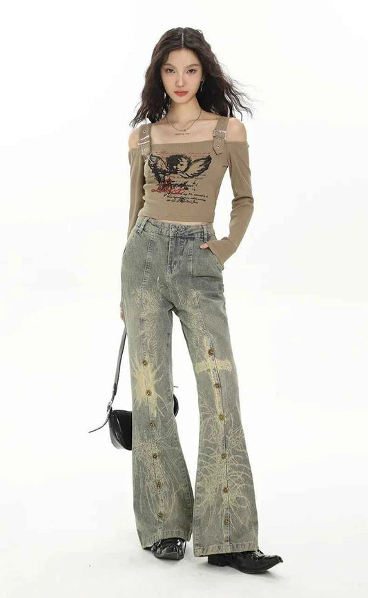 Women Vintage High Waist Streetware Wide Leg Jeans