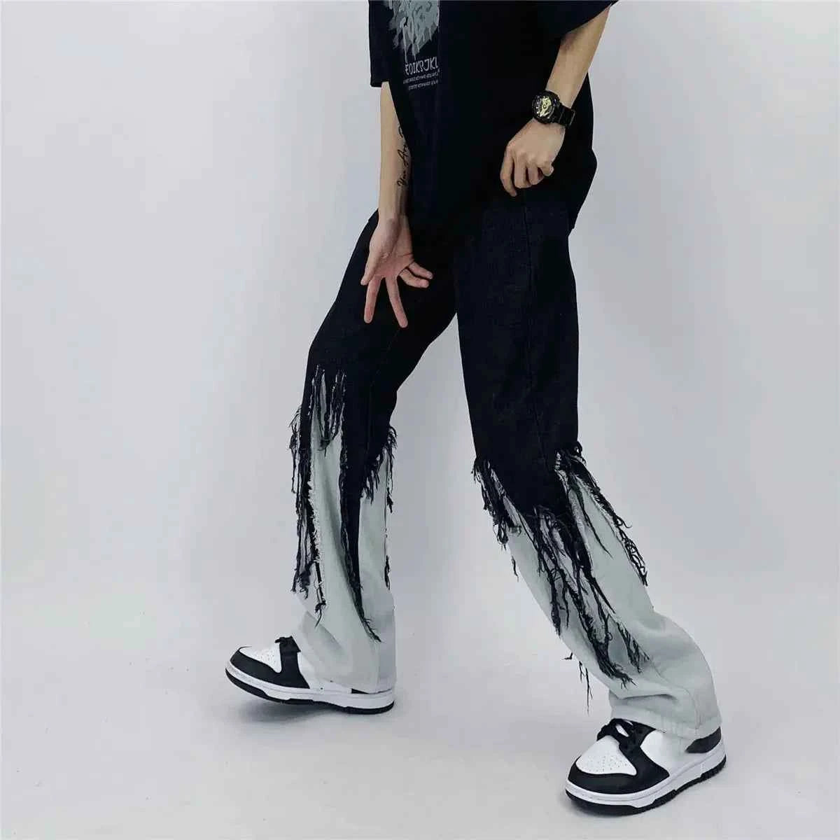 Flattering Contrast Color Tassel Loose Jeans