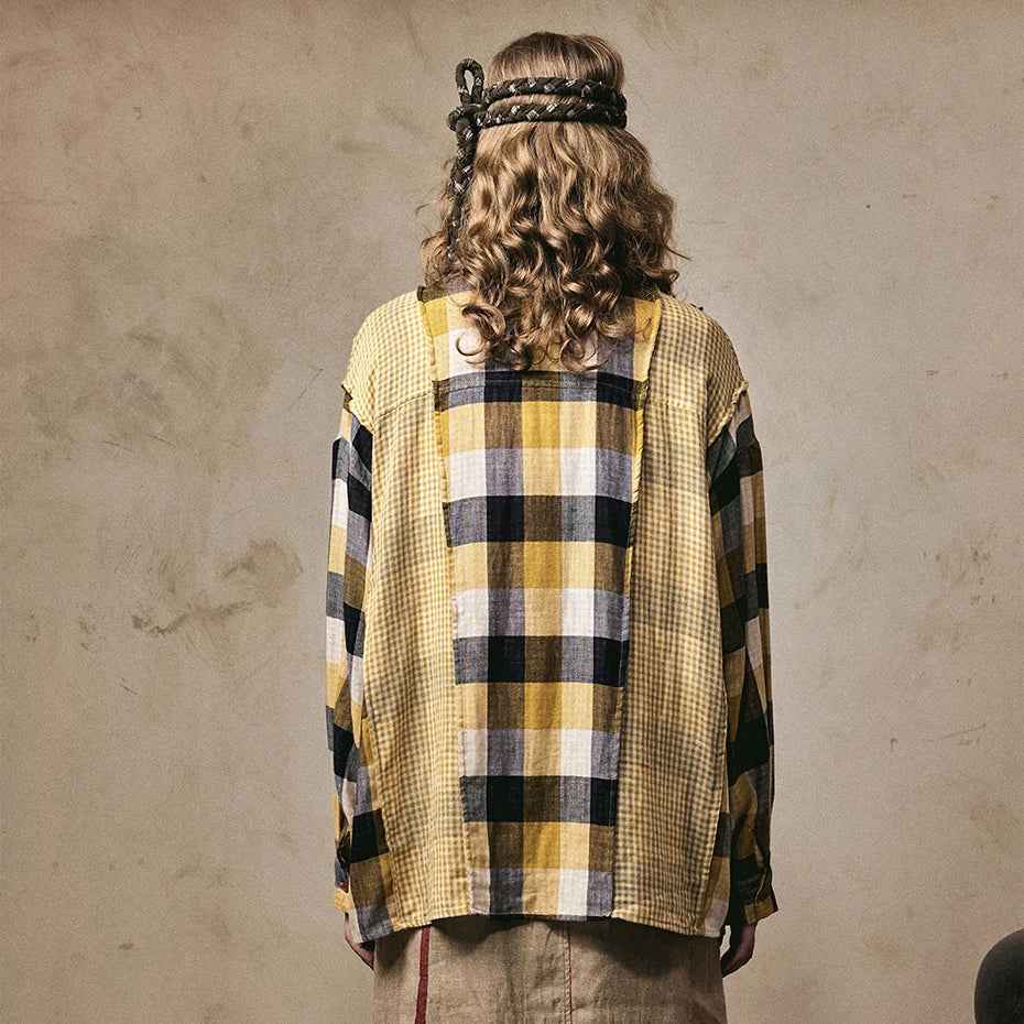 Effortless Retro Patchwork Plaid Long Sleeve Shirt