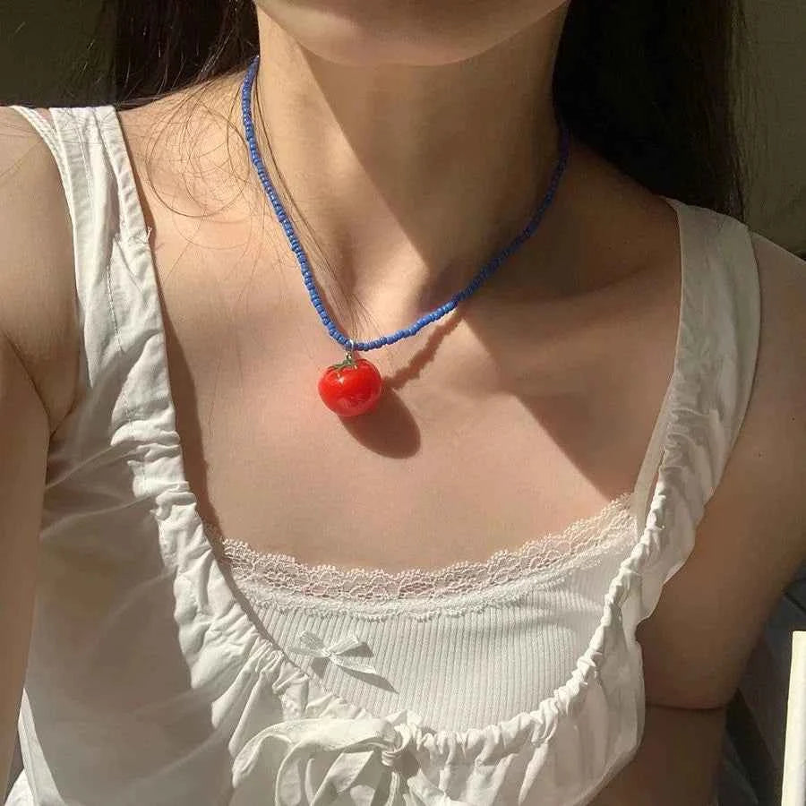 Blue Beaded Tomato Pendant Chain Necklace