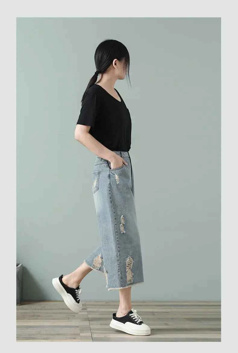 High Waist Ripped Wide Leg Jorts