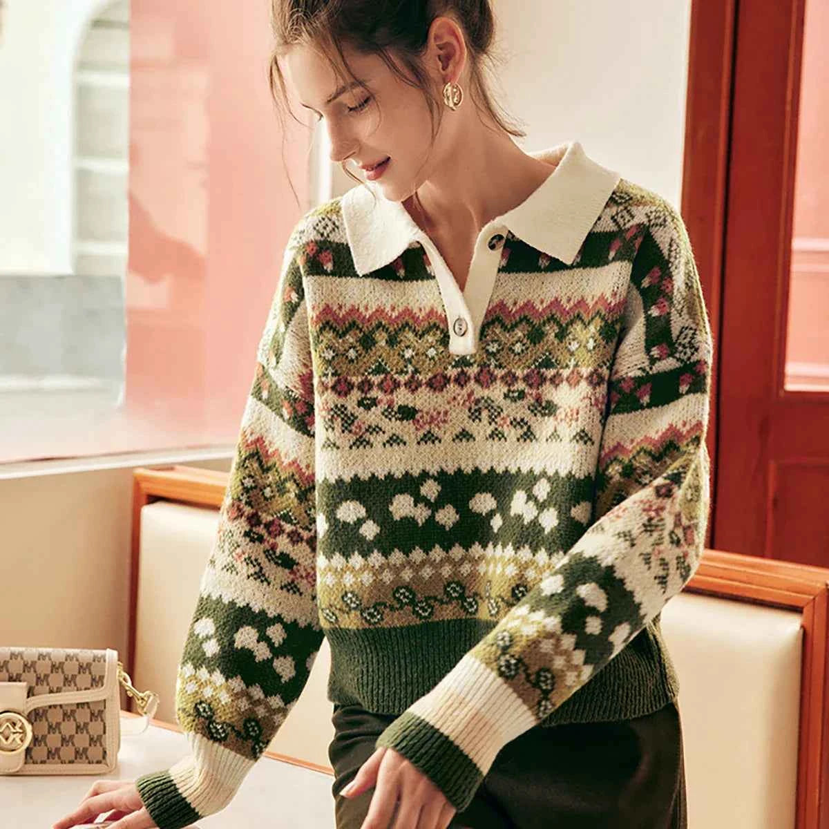 Women Vintage Olive Green Knit Sweater