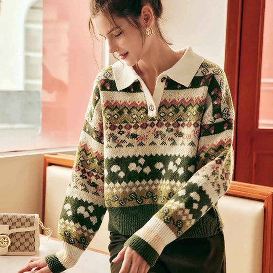 Women Vintage Olive Green Knit Sweater