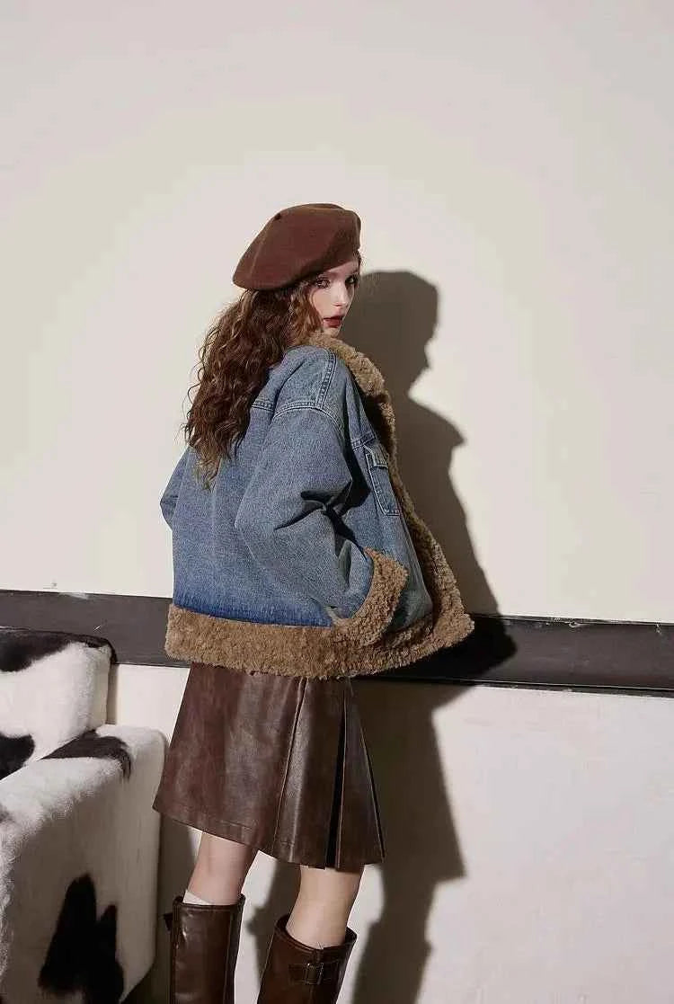Women Stylish Warm Fleece Cowboy Denim Jacket