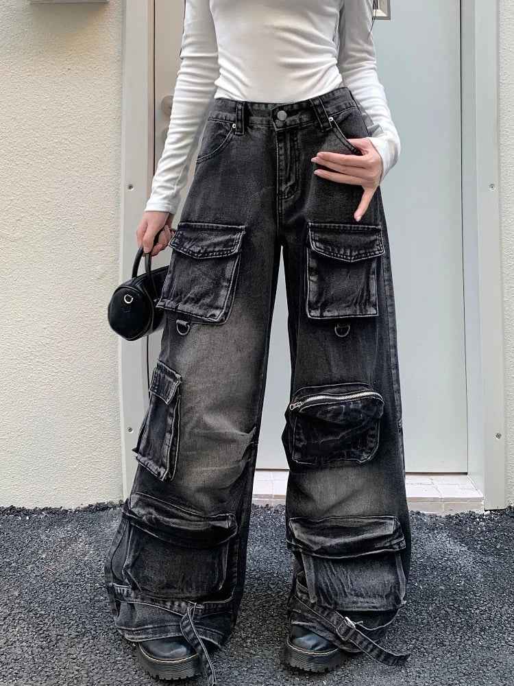 Black Washed Streetware Baggy Cargo Jeans