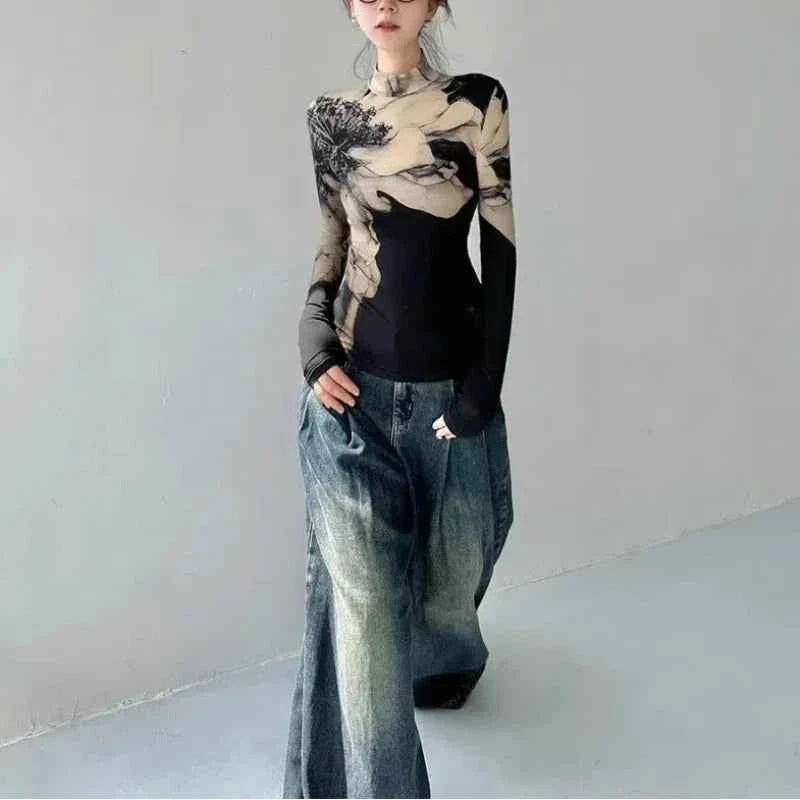 Chic Patchwork High Neck Slim T-shirt