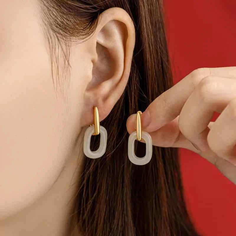 Gold Hetian Jade Geometric Irregular Earrings