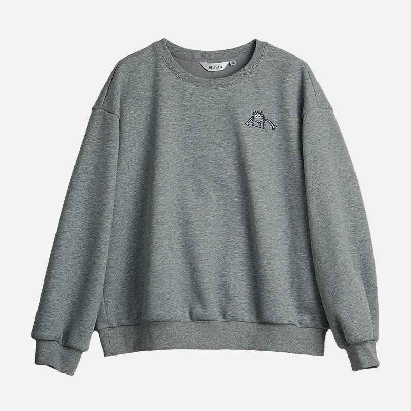 Gray Plaid Embroidered O-Neck Casual Sweatshirt