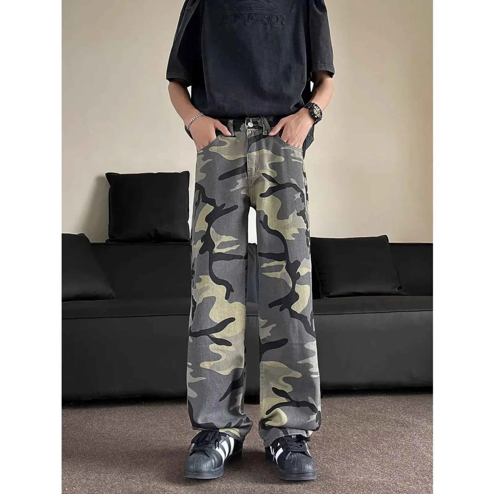 Vintage Streetwear Camouflage High Waisted Wide-Leg Jeans