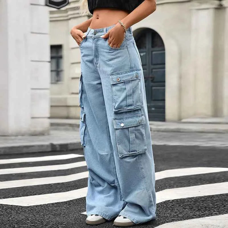 Women Retro Mid-Waisted Cargo Jeans
