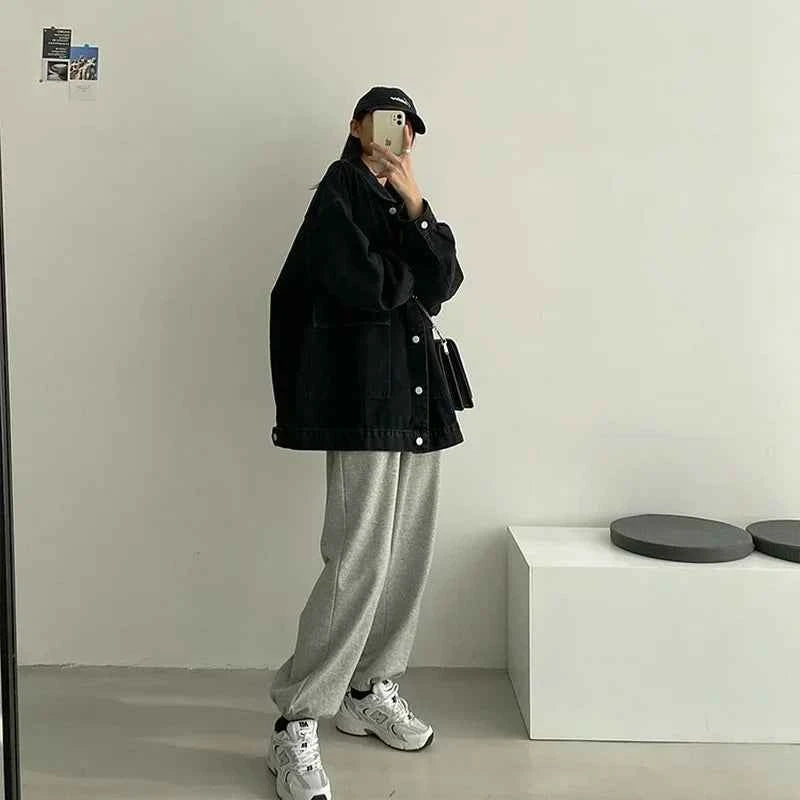 Black Loose Single Breasted Denim Jacket