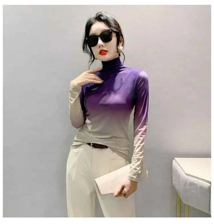 Chic Gradient Print Mesh Long T-Shirt