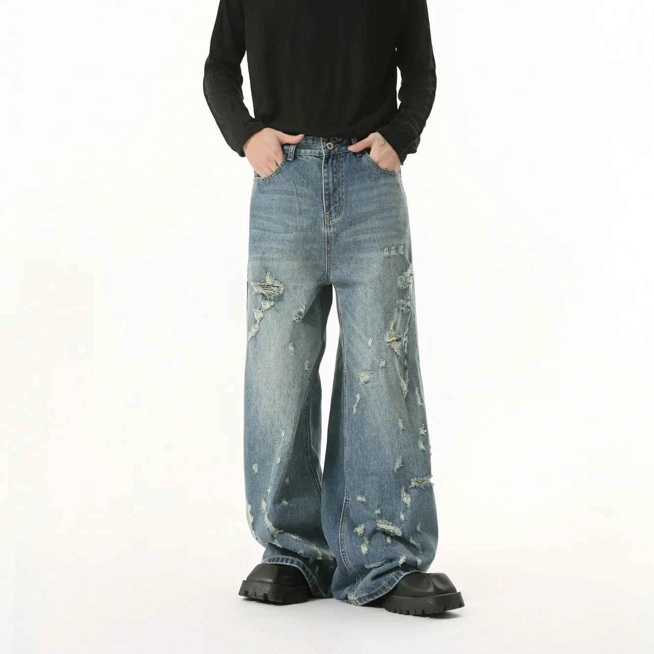 Streetwear Washed Irregular Hole Baggy Jeans