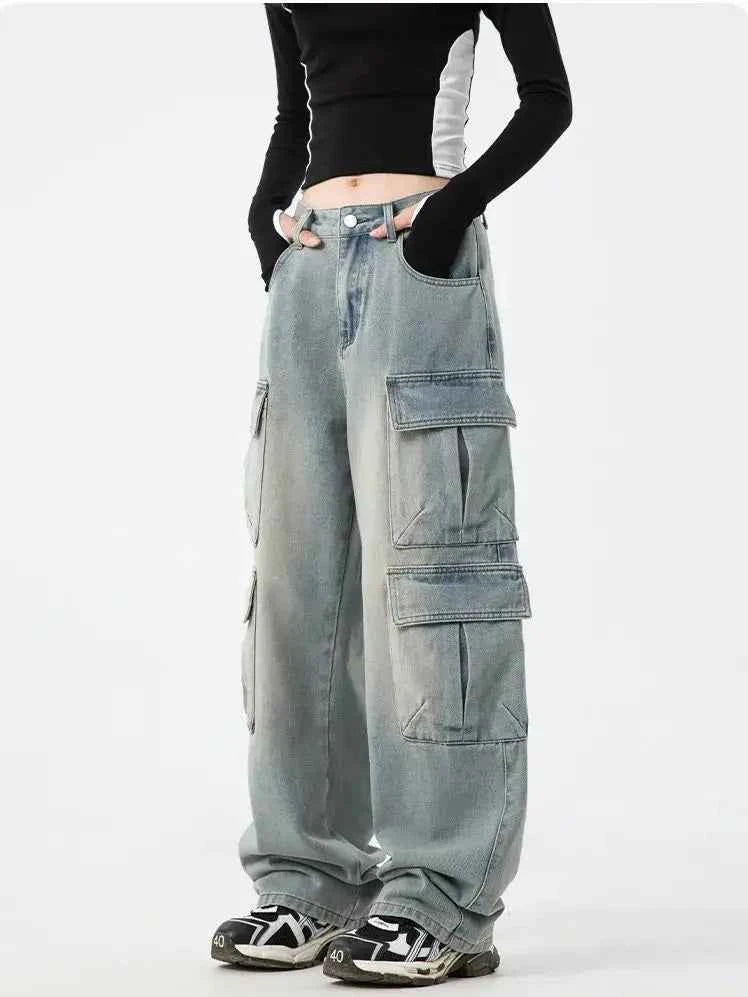 Timeless Fit Washed Denim Wide Leg Cargo Jeans
