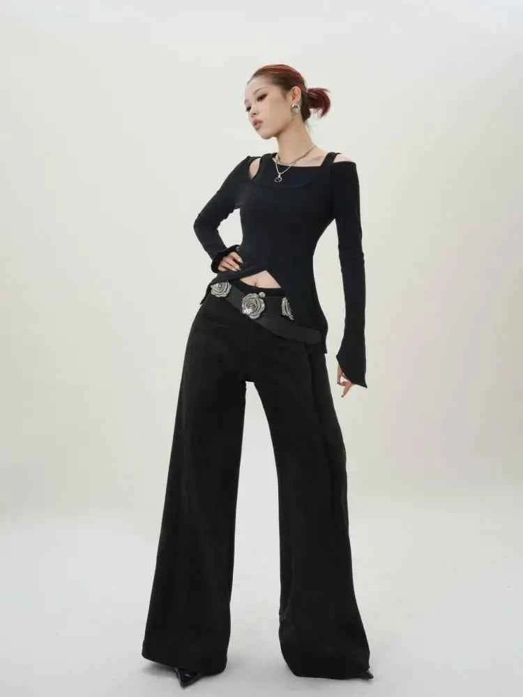 Black Irregular Slim Long Sleeve T-Shirt