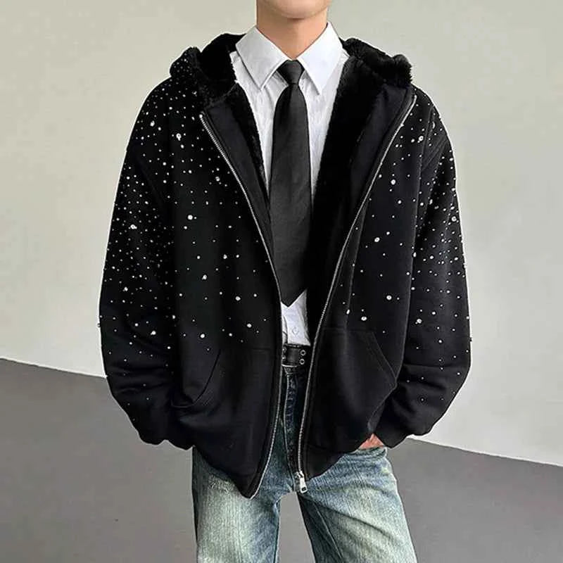 Diamond Patchwork Hooded Faux Fur Sweatshirt