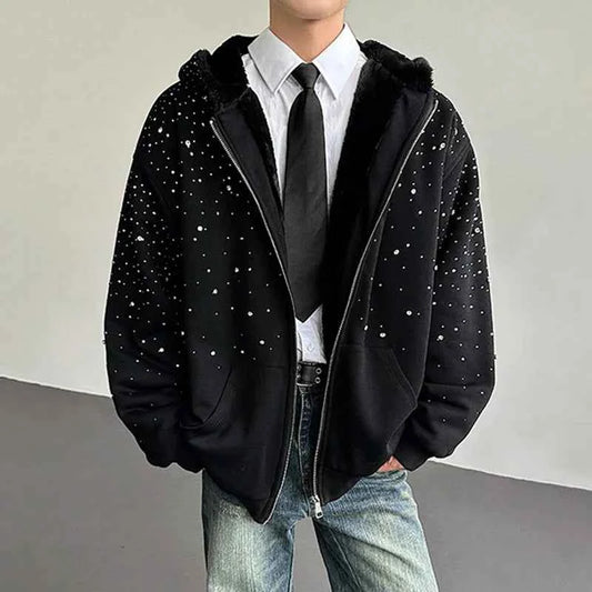 Diamond Patchwork Hooded Faux Fur Sweatshirt