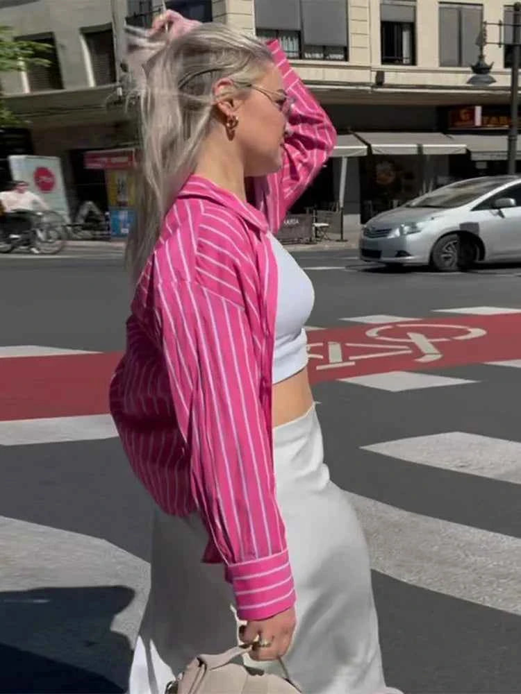 Women Streetwear Pink Striped Chic Long Sleeve Shirt