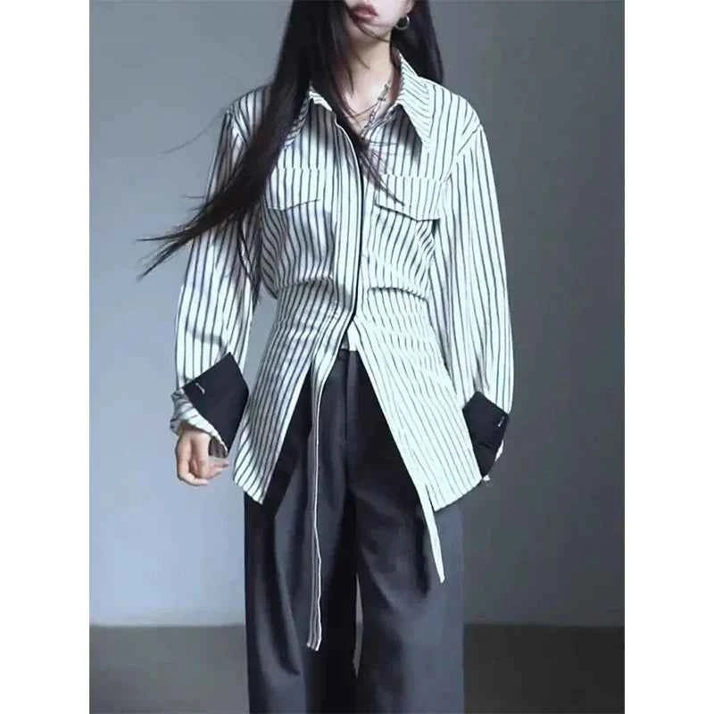 Elegant Vintage Striped Patchwork Blouses Shirt