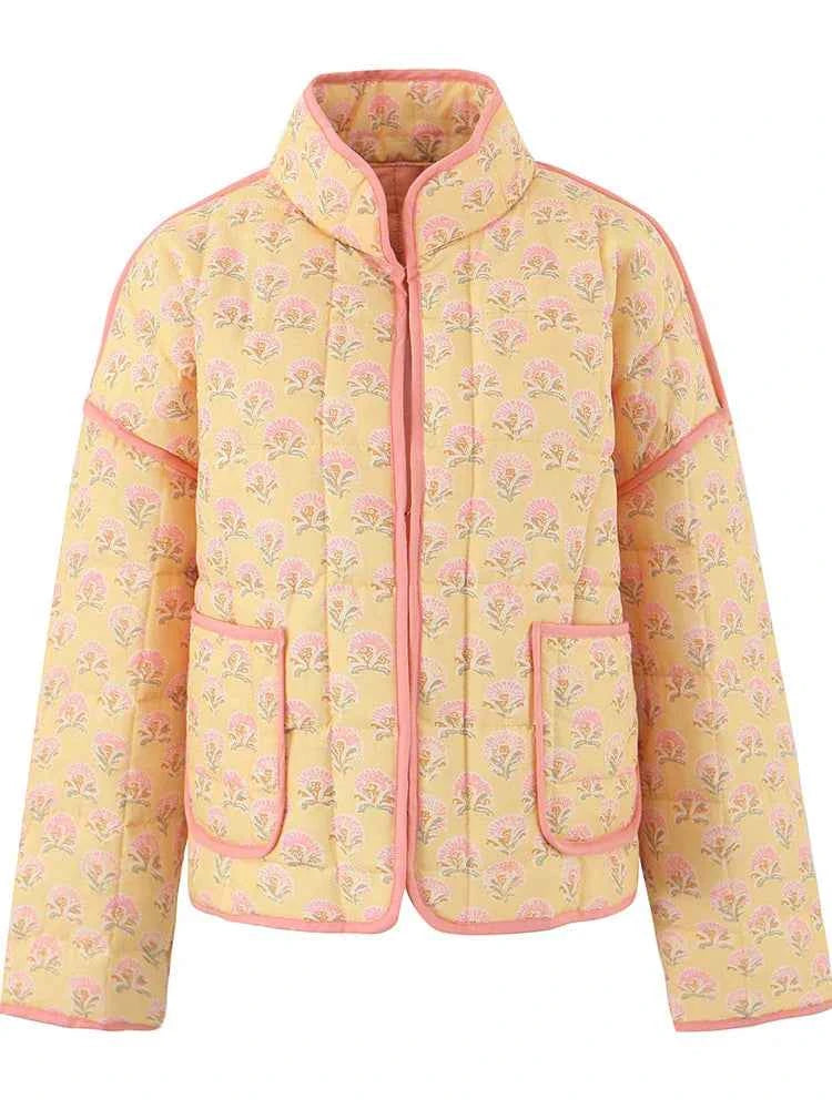 Women Retro Floral Yellow Padded Jacket