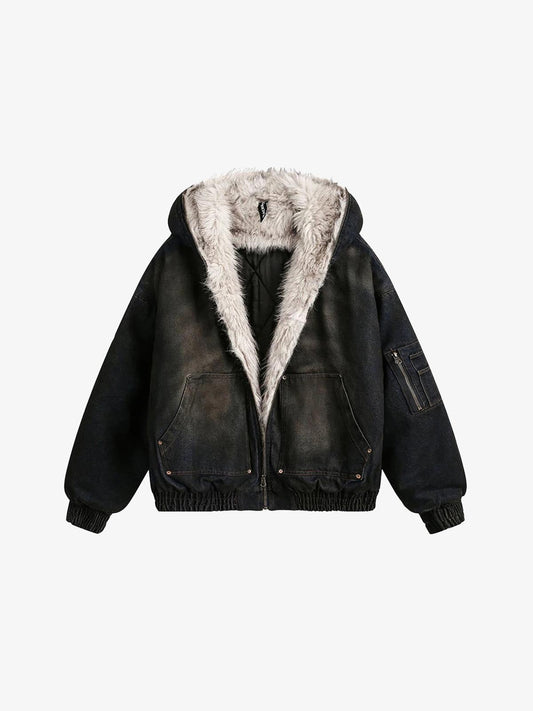 Coal Black Washed Fur Hooded Jacket
