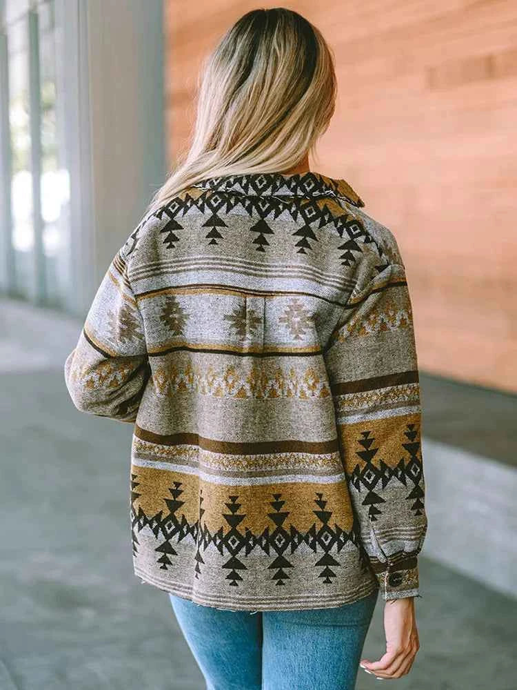 Brown Aztec Print Western Bomber Jacket