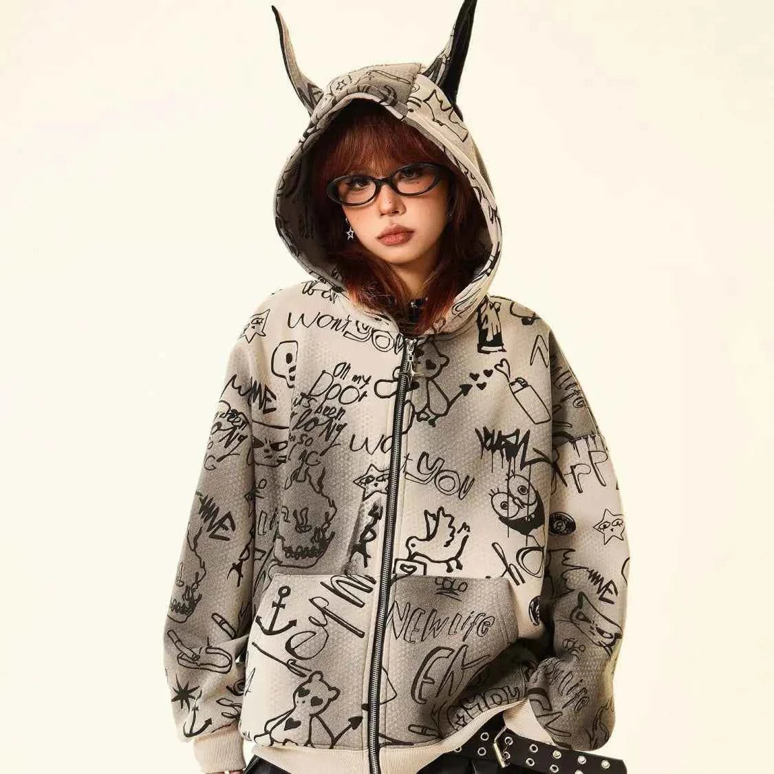 Women American Style Doberman Print Hooded Sweatshirt
