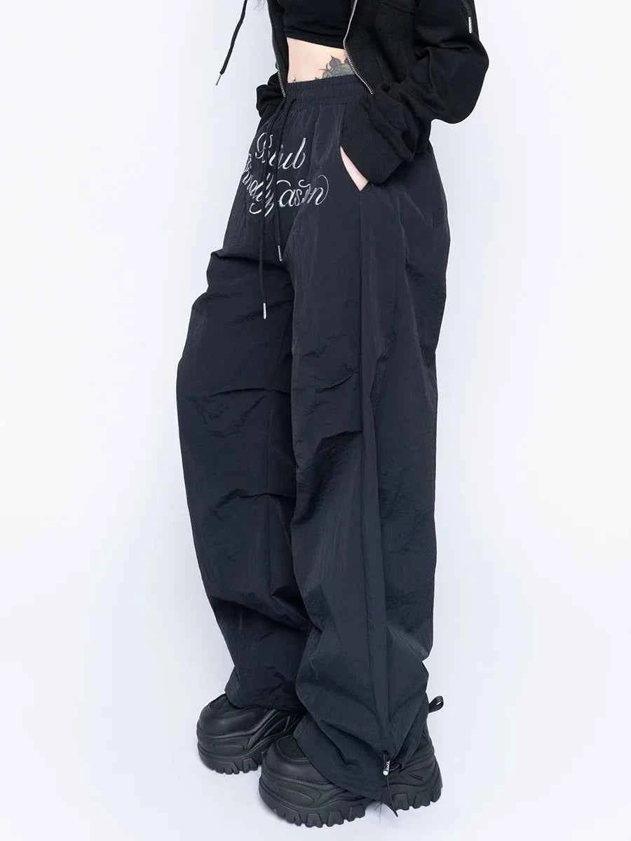 Black Chic Letters Print Parachute Sweatpants