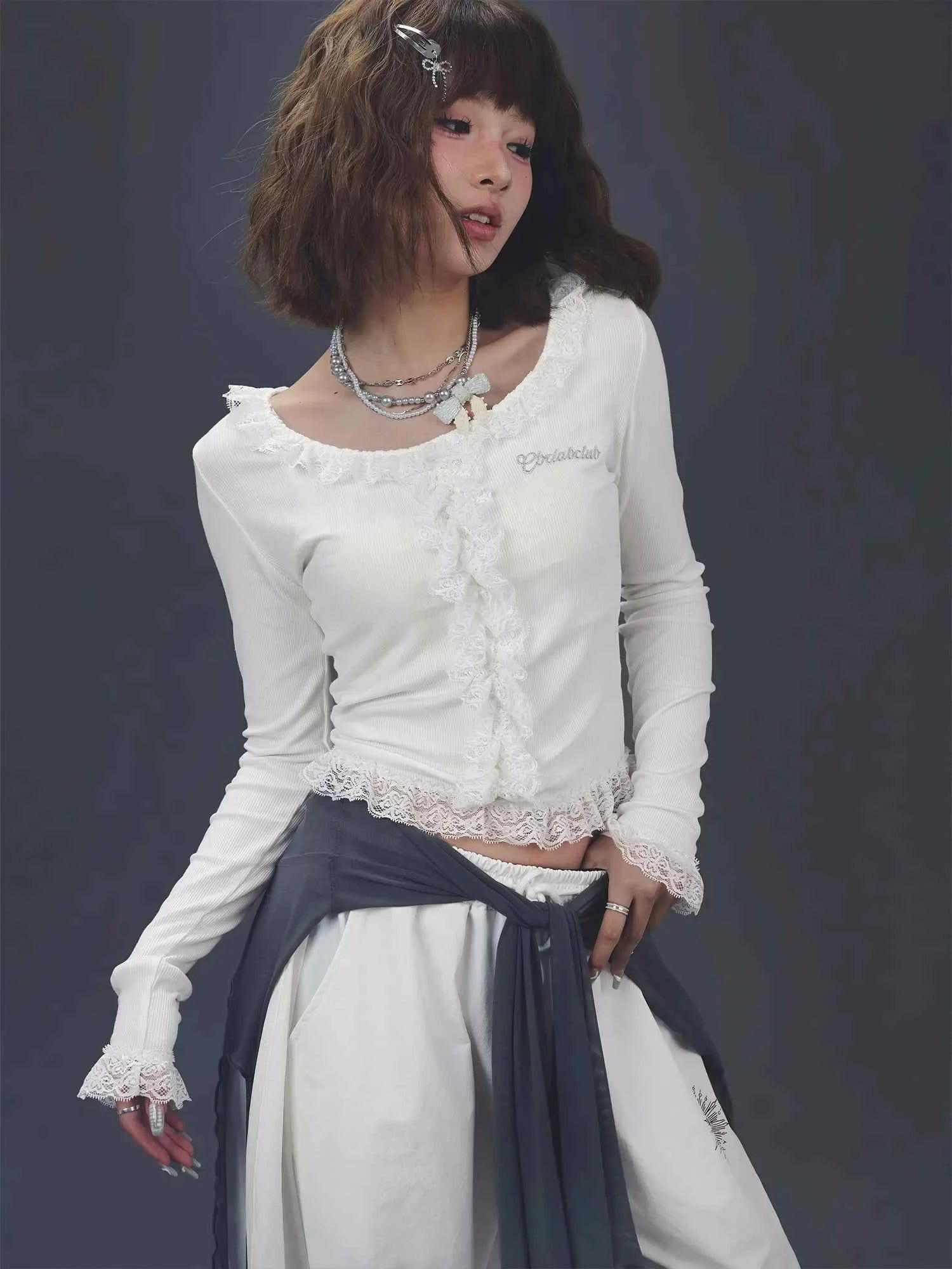 Women Spicy Lace Trim Long Sleeve T-shirt