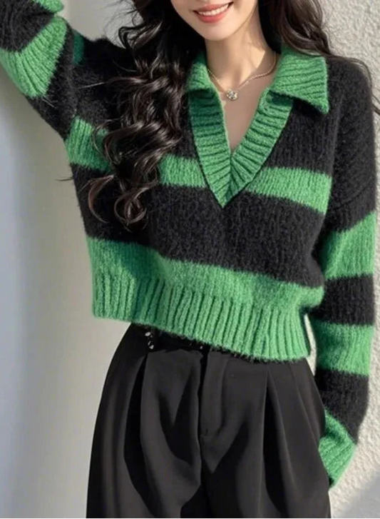 Vintage Green Striped Knitted Long Sleeve Sweater - Luxuryurbanwear