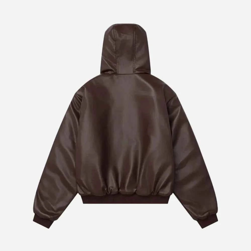 Retro Rivets Embroidery PU Leather Hooded Jacket