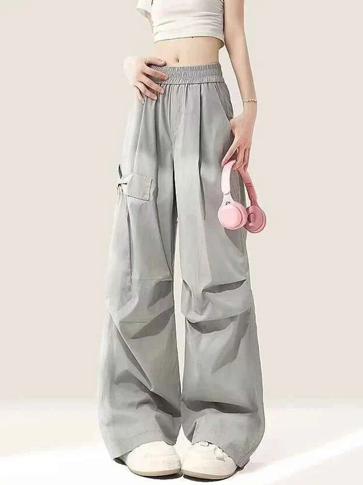 Women Vintage Casual Gray Bow Cargo Pants