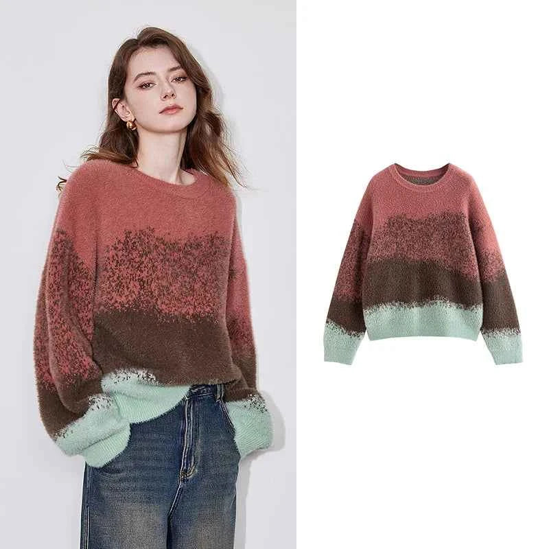Gradient Round Neck Woolen Knitted Sweater