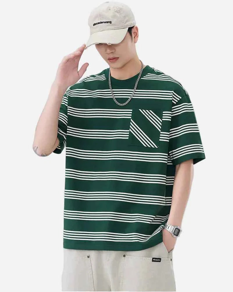Chic Loose Fit Striped with Front Pocket T-Shirt