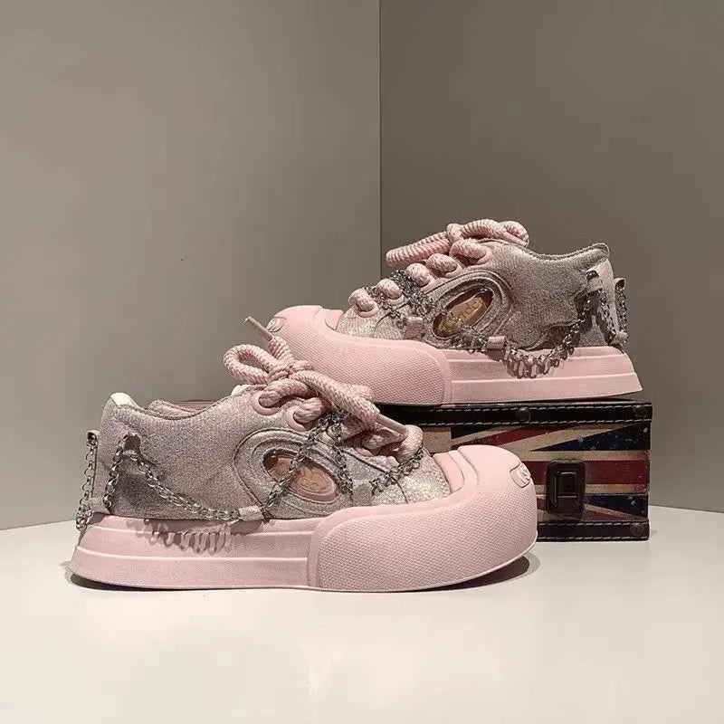 Women Pink Chain Smiling Canvas Sneaker