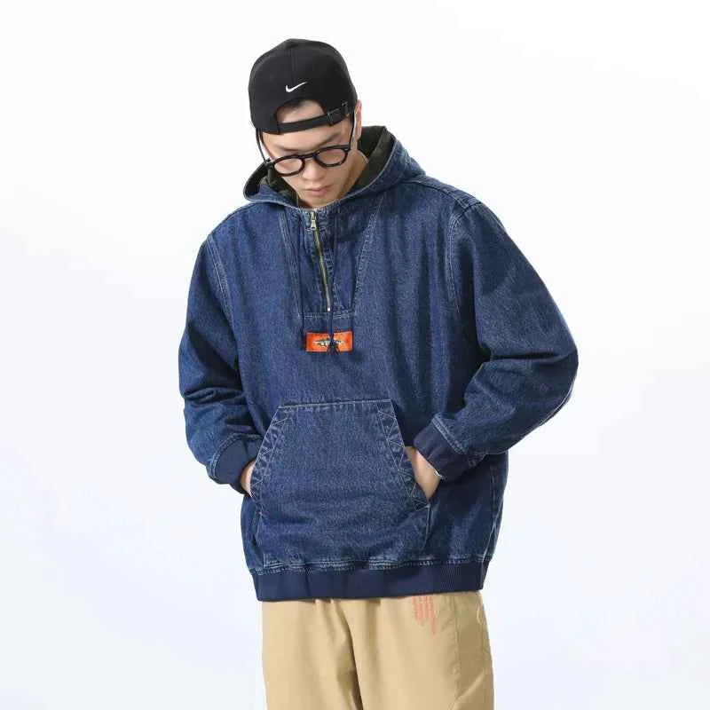 Streetwear Casual Loose Half Zipper Denim Hoodie