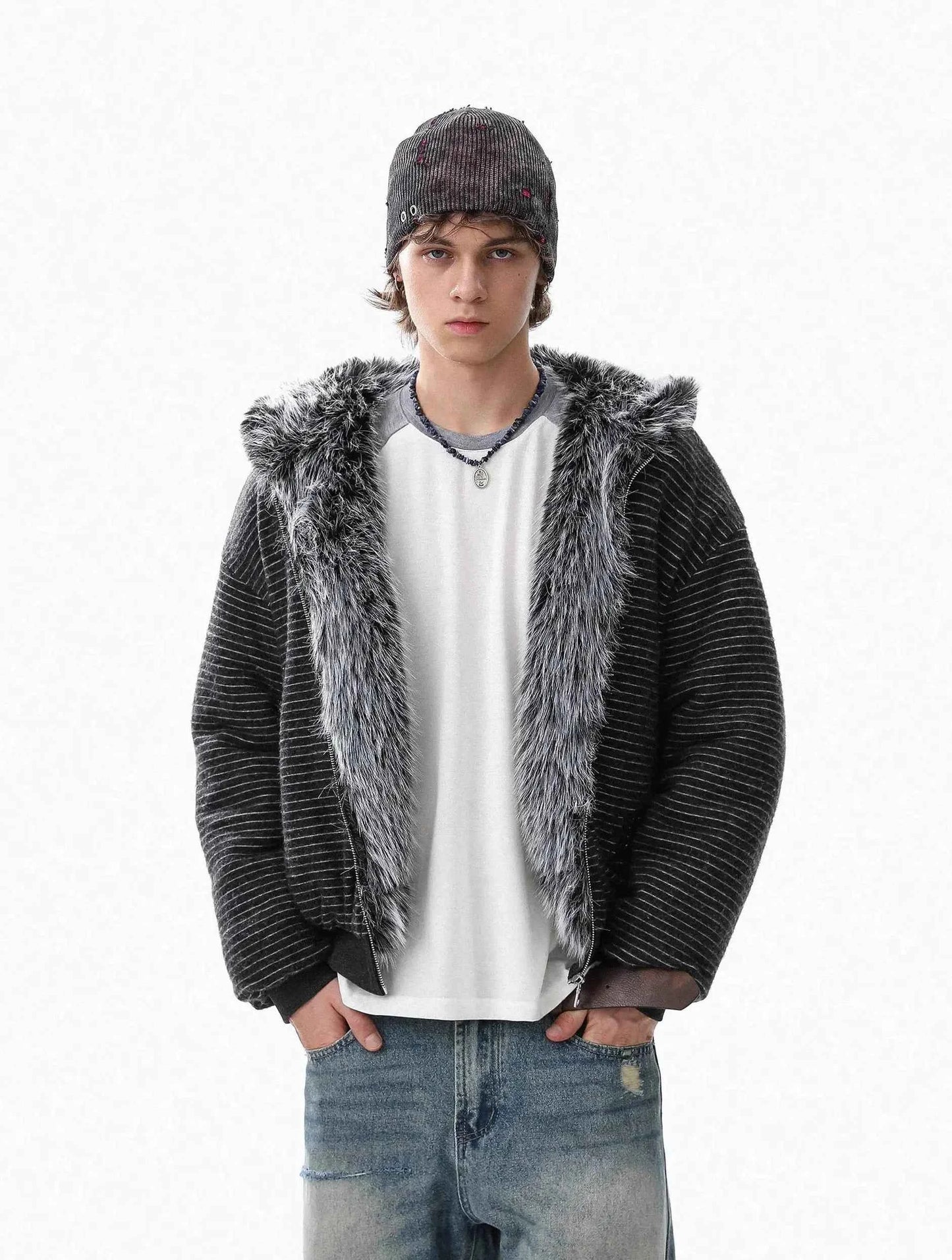 Brushed Striped Rabbit Faux Fur Hooded Jacket
