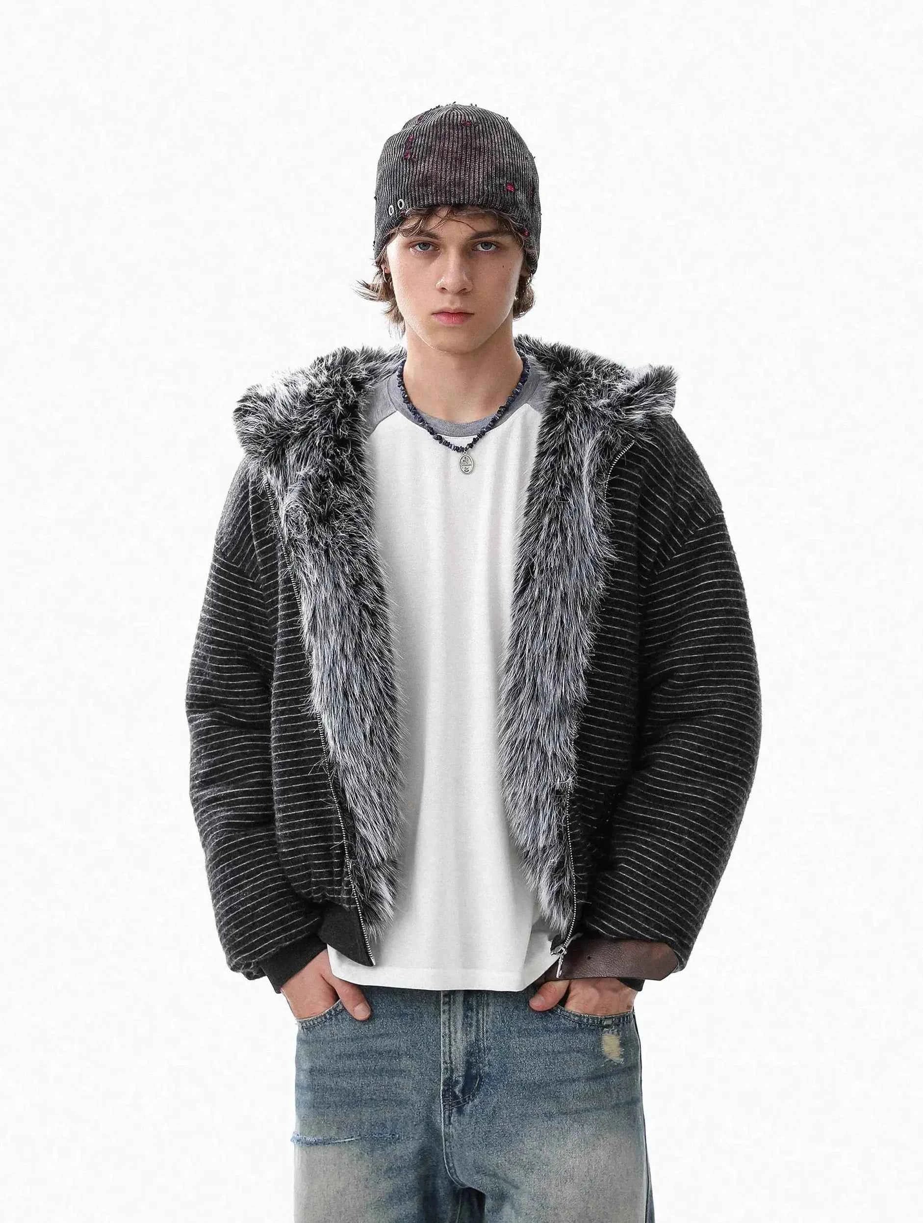Brushed Striped Rabbit Faux Fur Hooded Jacket