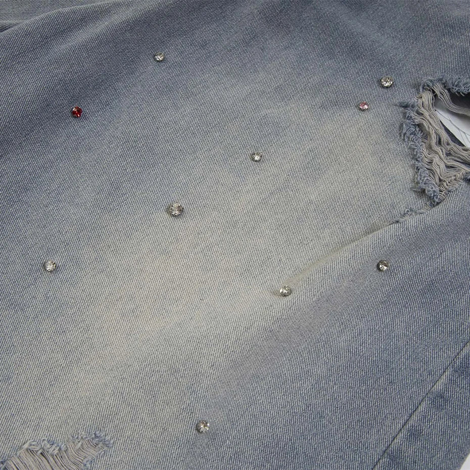 Rhinestone Denim Ripped Shorts