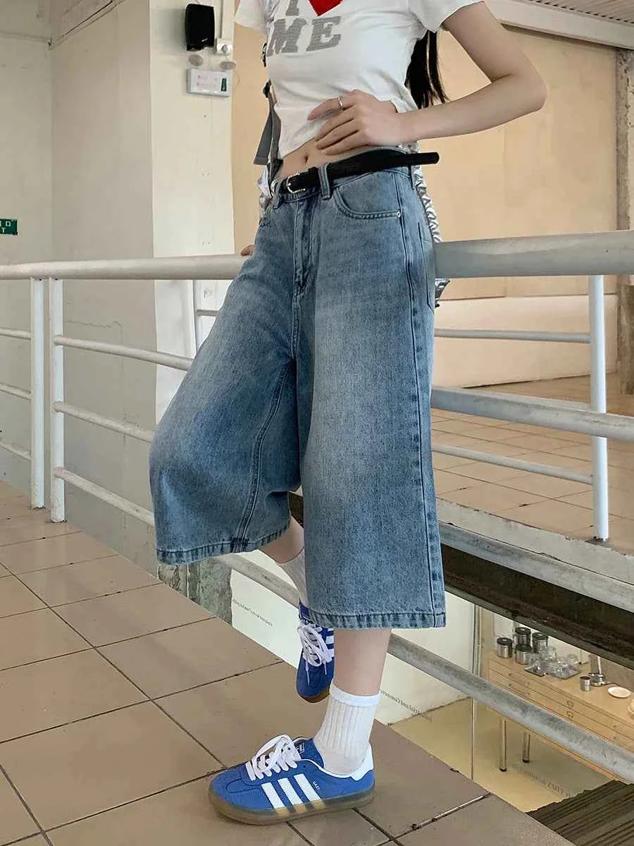 Versatile Blue Distressed Denim Baggy Jorts