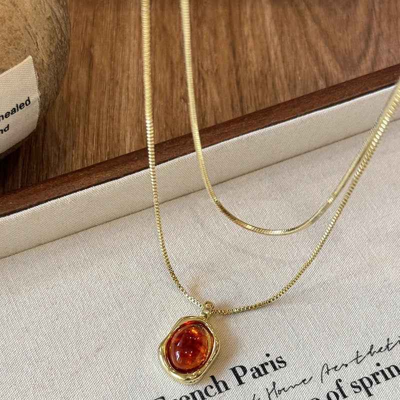Vintage Nature Stone Pendant Golden Snake Necklace