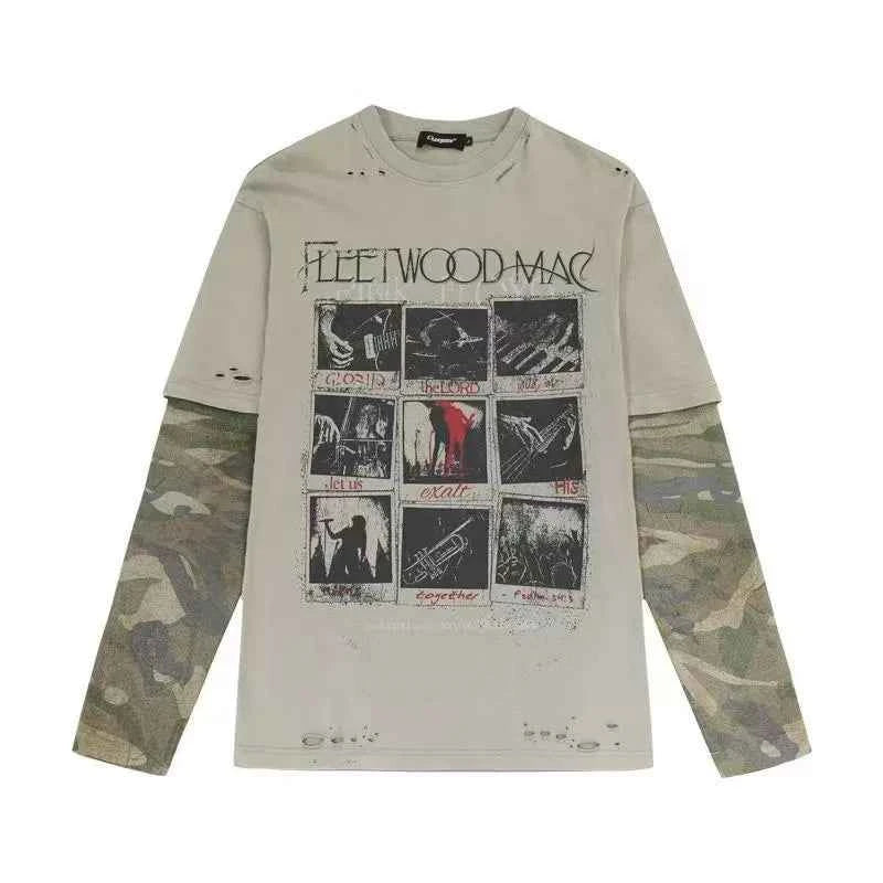 Retro Punk Camouflage Ripped Long Sleeve T-Shirt