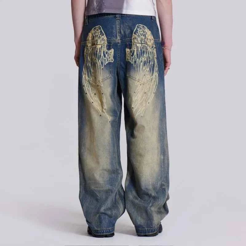 Vintage Wing Pattern Baggy Wide Leg Jeans
