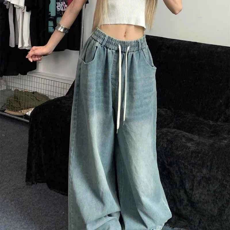 Women Elastic Straight Wide Leg Denim Jeans